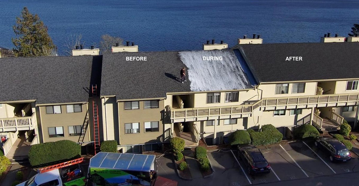 Before, during, and after roof rejuvenation treatment on condo complex